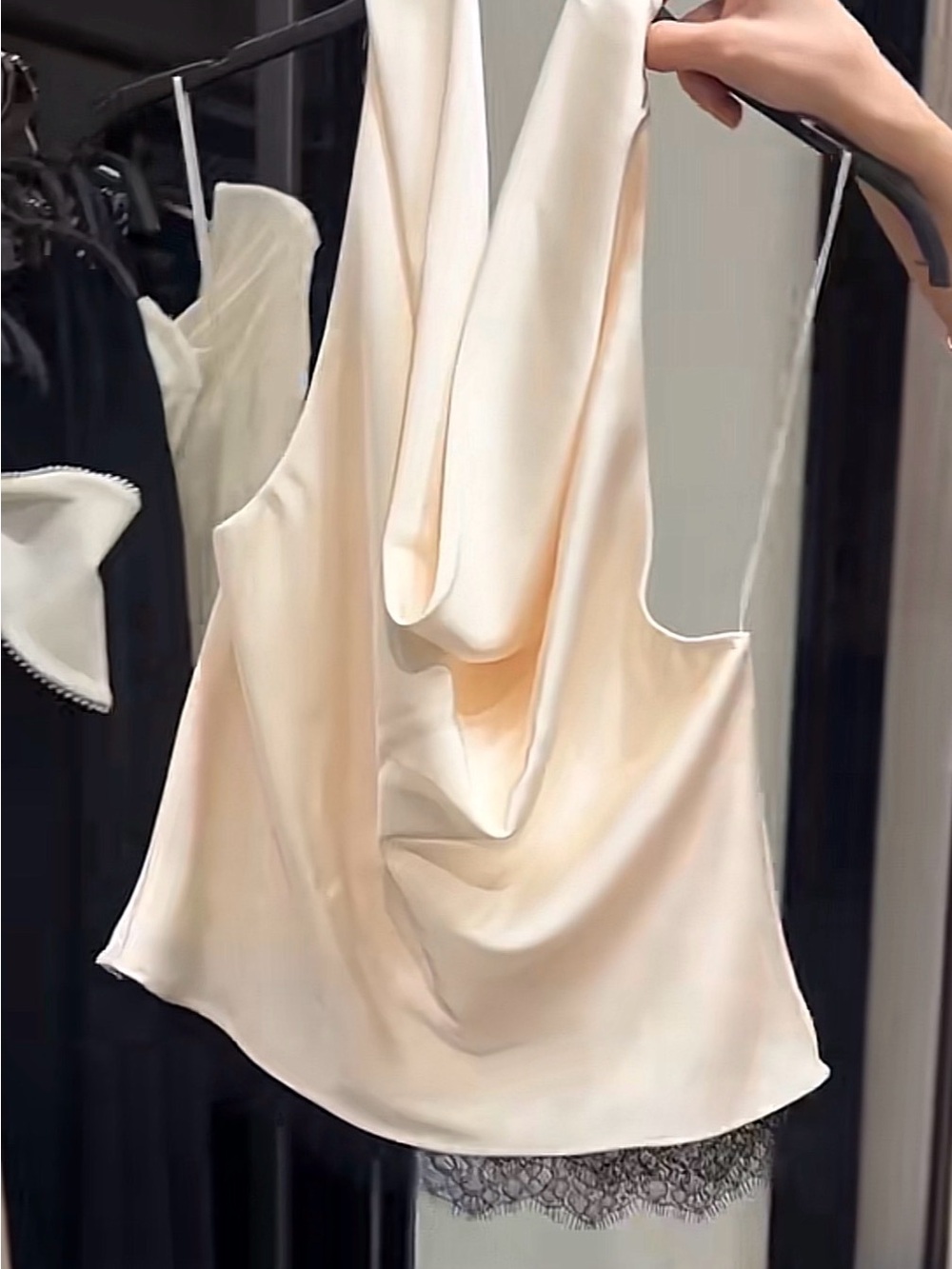 Zara Cream Halter Top with Black Lace Trim
